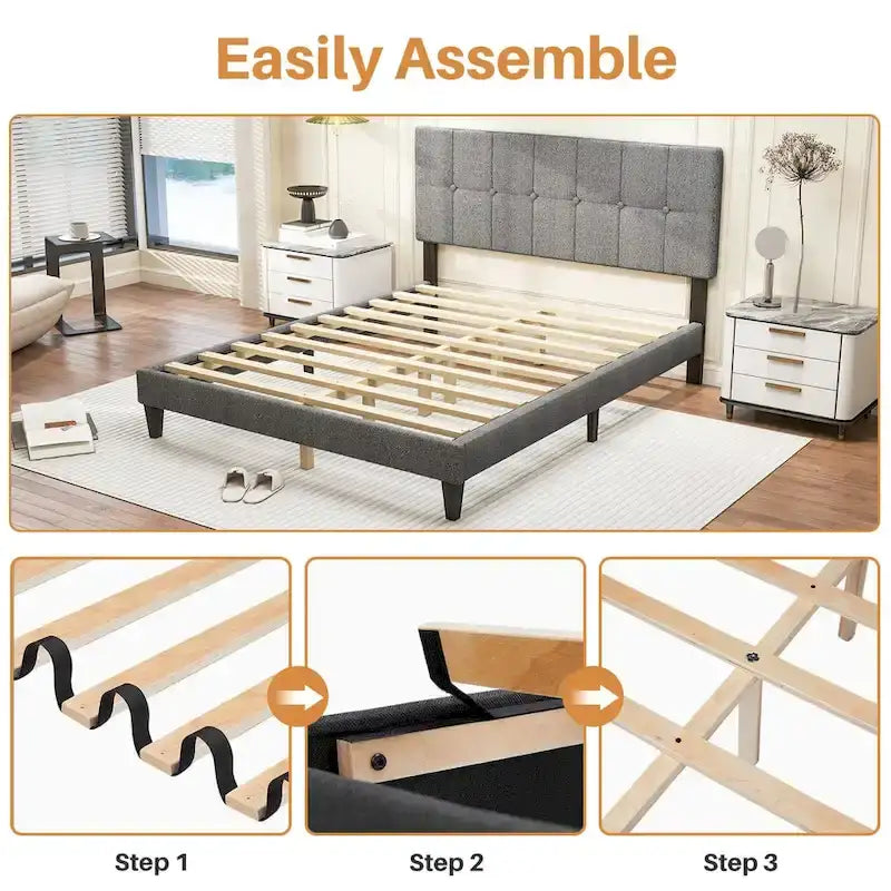 Full Bed Frame with Adjustable Headboard, No Box Spring Needed, Linen Upholstered Platform Bed Frame with Wood Slats Support 5