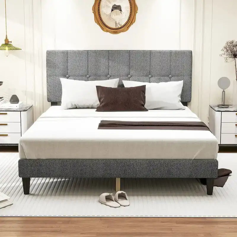 Full Bed Frame with Adjustable Headboard, No Box Spring Needed, Linen Upholstered Platform Bed Frame with Wood Slats Support 7