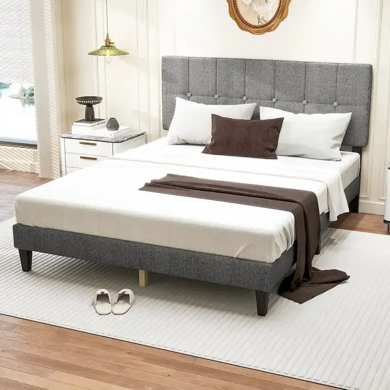 Full Bed Frame with Adjustable Headboard, No Box Spring Needed, Linen Upholstered Platform Bed Frame with Wood Slats Support 8