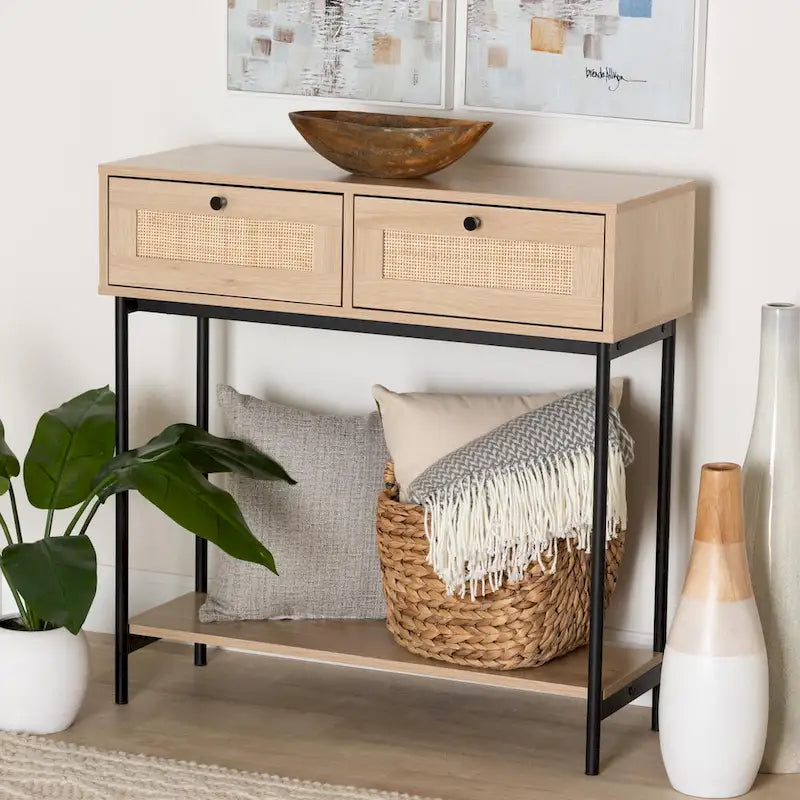  Mid-Century Modern Light Brown and Black 2-Drawer Console Table with Woven Rattan Accent