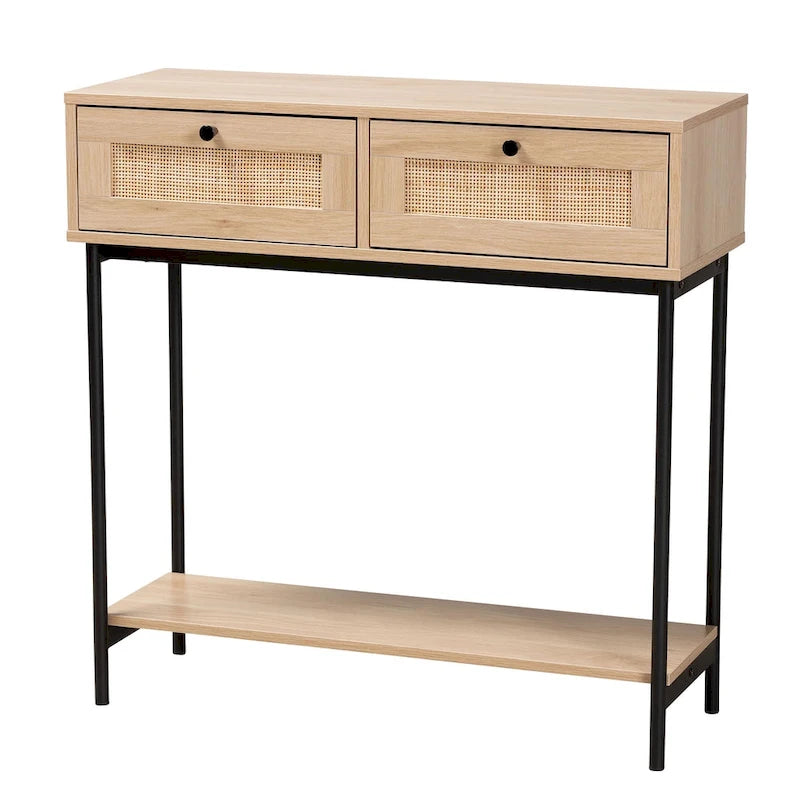 Mid-Century Modern Light Brown and Black 2-Drawer Console Table with Woven Rattan Accent