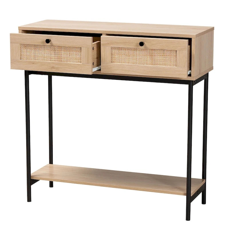 Mid-Century Modern Light Brown and Black 2-Drawer Console Table with Woven Rattan Accent 3