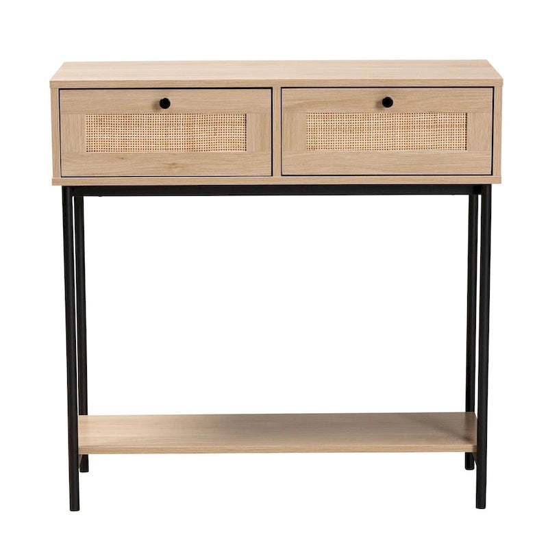 Mid-Century Modern Light Brown and Black 2-Drawer Console Table with Woven Rattan Accent 4