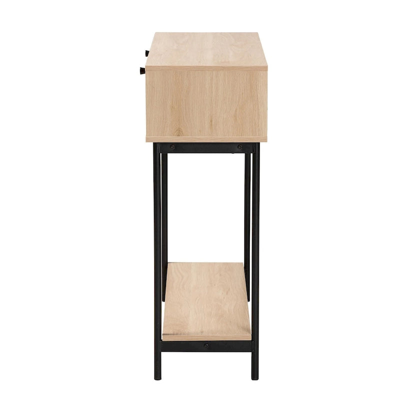 Mid-Century Modern Light Brown and Black 2-Drawer Console Table with Woven Rattan Accent 5