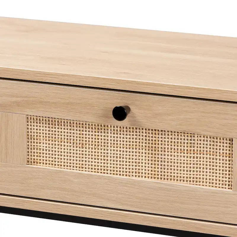 Mid-Century Modern Light Brown and Black 2-Drawer Console Table with Woven Rattan Accent 6