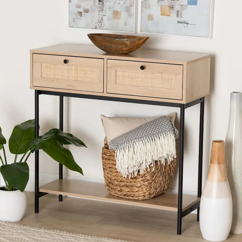 Mid-Century Modern Light Brown and Black 2-Drawer Console Table with Woven Rattan Accent 9