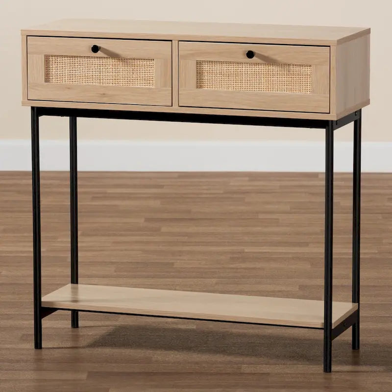 Mid-Century Modern Light Brown and Black 2-Drawer Console Table with Woven Rattan Accent 10