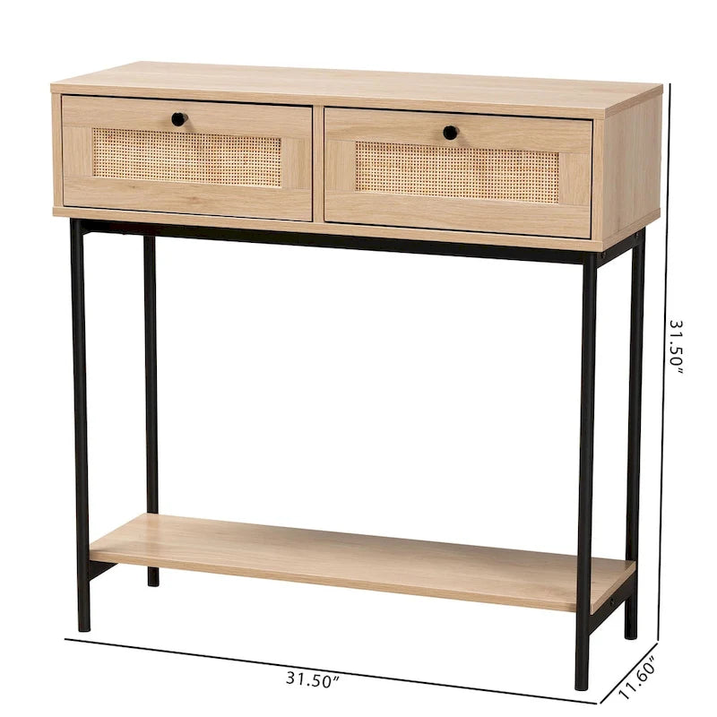 Mid-Century Modern Light Brown and Black 2-Drawer Console Table with Woven Rattan Accent 11