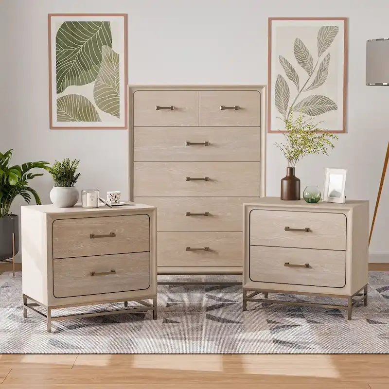 Drayden Transitional Oak Solid Wood 3-Piece Chest and 2 Nightstand Bedroom Set 21