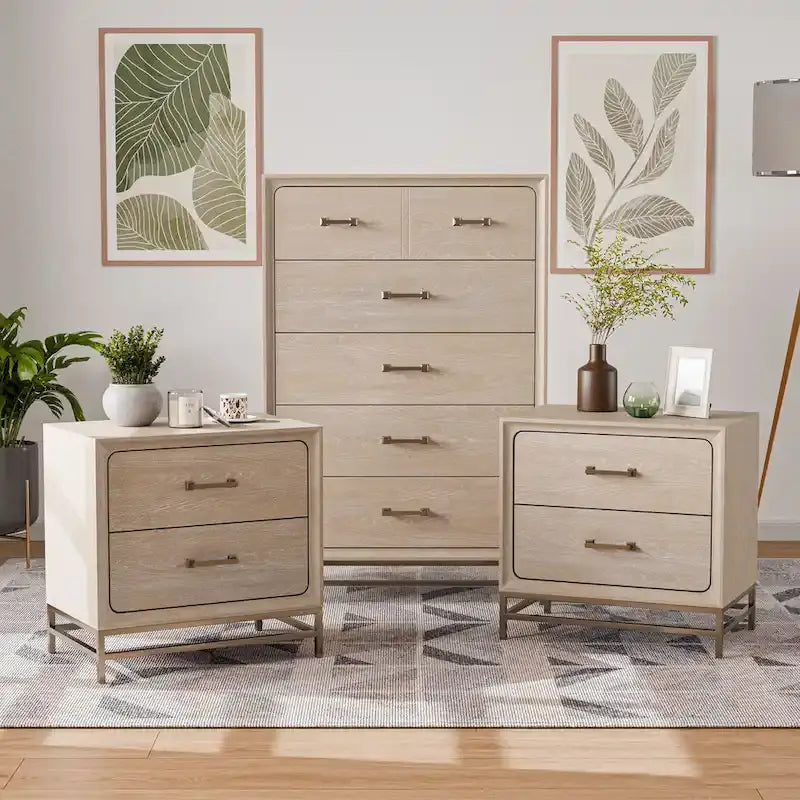  Drayden Transitional Oak Solid Wood 3-Piece Chest and 2 Nightstand Bedroom Set
