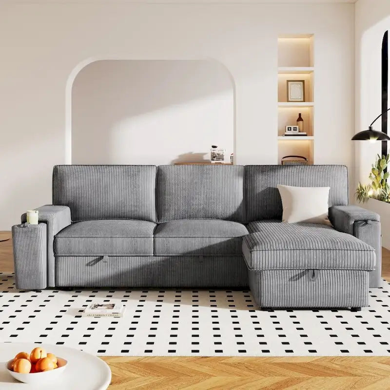 Upholstery Sleeper Sectional Sofa with Storage Bags and 2 Cup Holders on Arms 13
