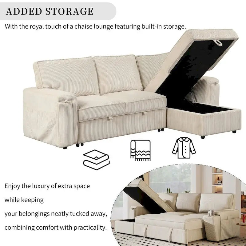 Upholstery Sleeper Sectional Sofa with Storage Bags and 2 Cup Holders on Arms 3