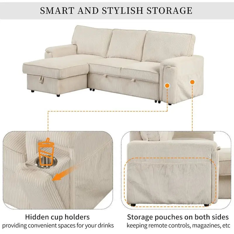 Upholstery Sleeper Sectional Sofa with Storage Bags and 2 Cup Holders on Arms 4