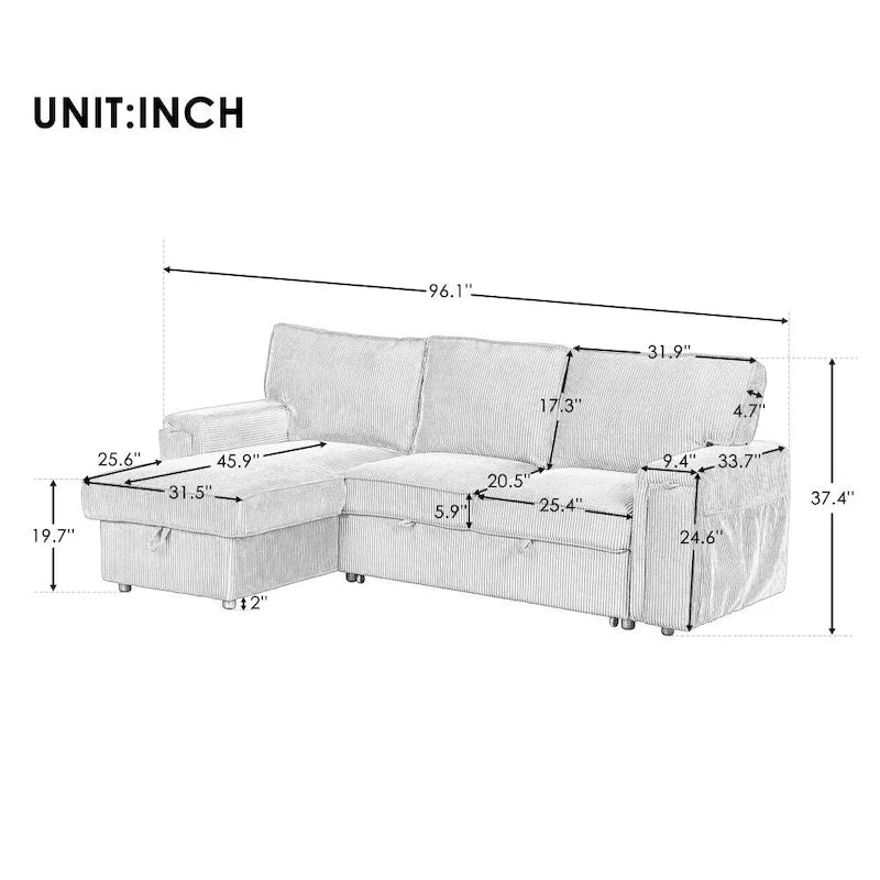 Upholstery Sleeper Sectional Sofa with Storage Bags and 2 Cup Holders on Arms 6