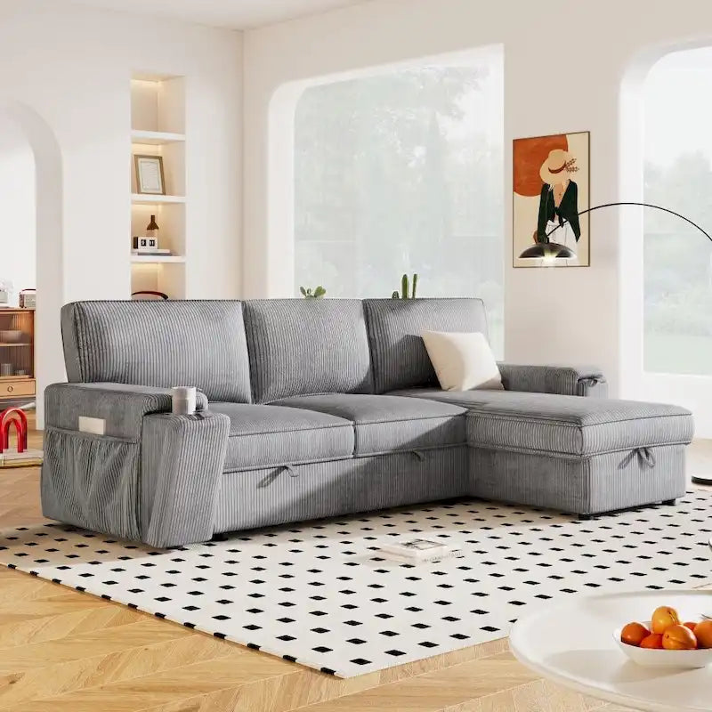 Upholstery Sleeper Sectional Sofa with Storage Bags and 2 Cup Holders on Arms 8