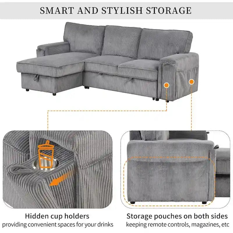 Upholstery Sleeper Sectional Sofa with Storage Bags and 2 Cup Holders on Arms 11