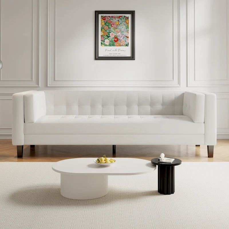 Modern Velvet 3-Seater Sofa with Tufted Waffle Stitch, Low Profile & Solid Wood Legs, 89.75"W 29