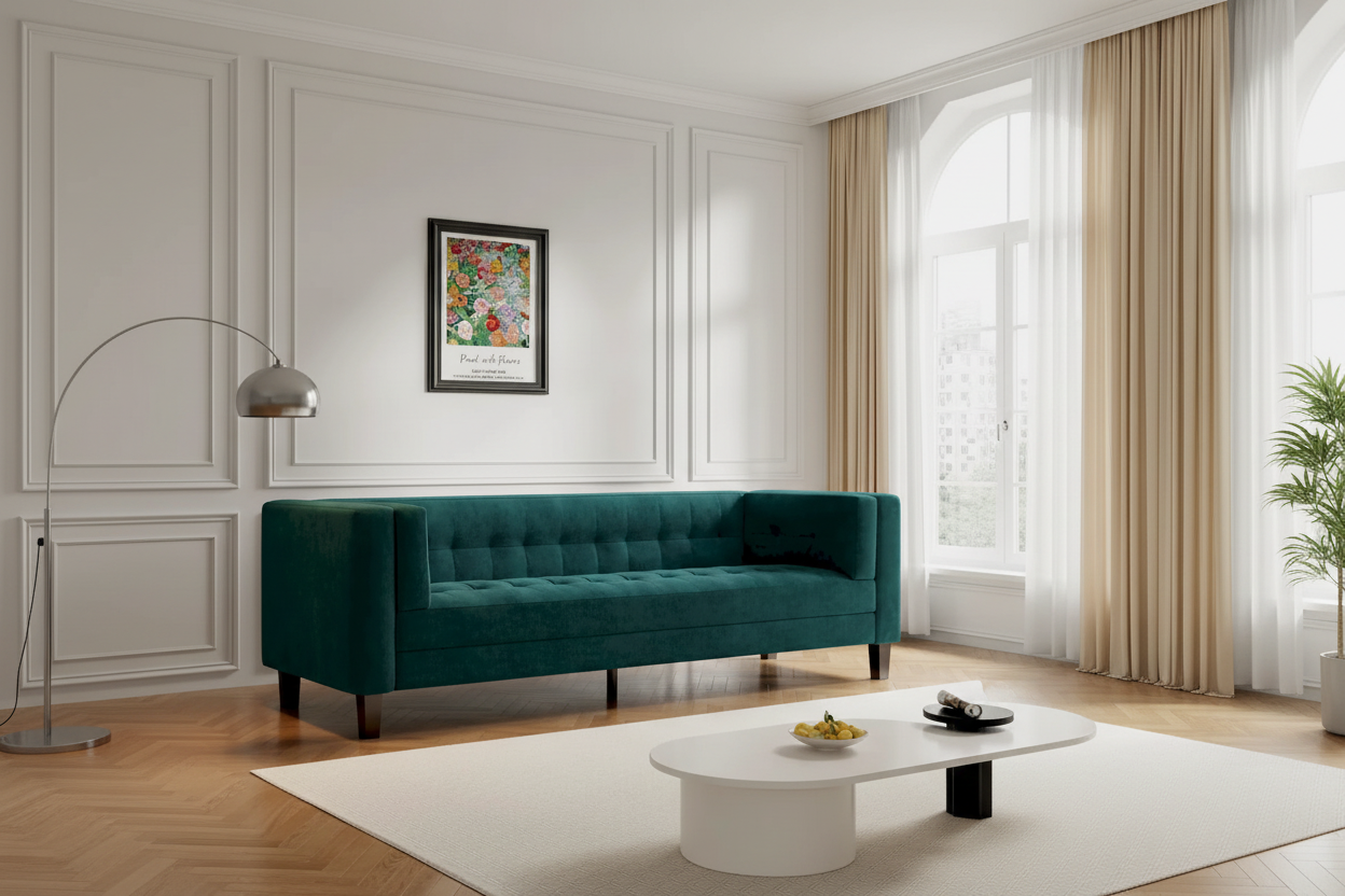 Modern Velvet 3-Seater Sofa with Tufted Waffle Stitch, Low Profile & Solid Wood Legs, 89.75"W 30
