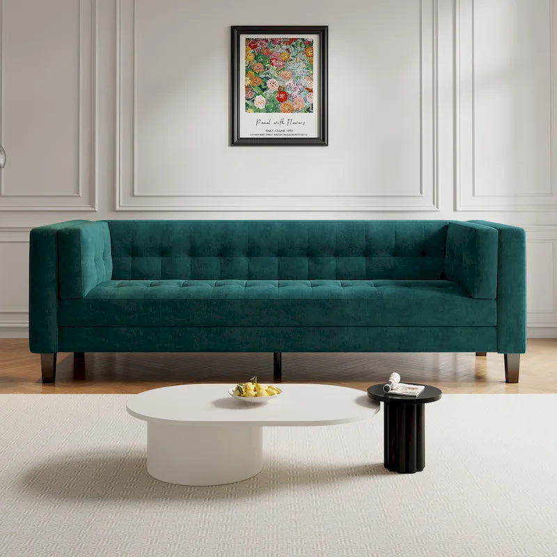 Modern Velvet 3-Seater Sofa with Tufted Waffle Stitch, Low Profile & Solid Wood Legs, 89.75"W