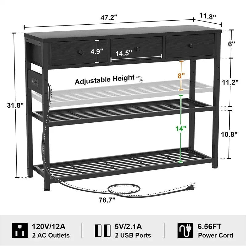 47 Entryway Table with Outlets and USB Ports - 11.8D x 47.2W x 31.8H 7