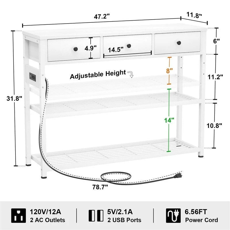 47 Entryway Table with Outlets and USB Ports - 11.8D x 47.2W x 31.8H 12