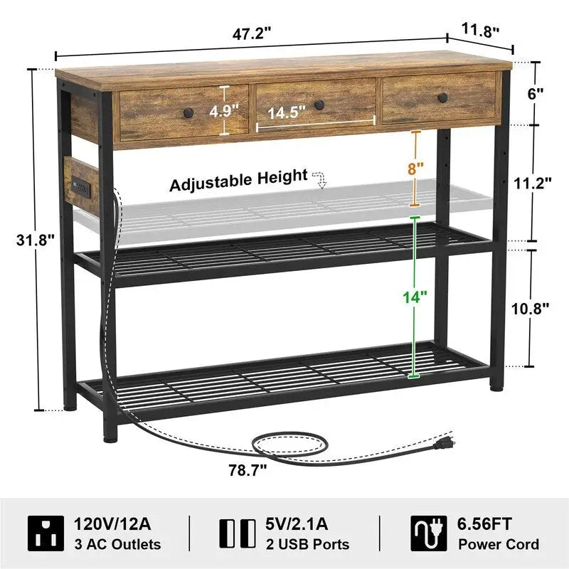 47 Entryway Table with Outlets and USB Ports - 11.8D x 47.2W x 31.8H 16