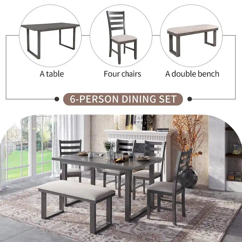 5-piece Farmhouse Dining Set Rectangular Table Chair 6