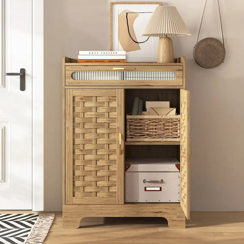 Coffee Bar Cabinet, Modern Farmhouse Buffet Sideboard with Drawer and Adjustable Shelf, Barn Door Storage Cabinet for Kitchen