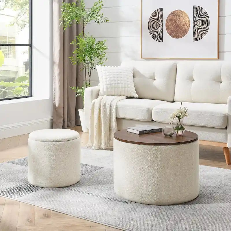 2-Piece Set Round Chenille Storage Ottoman, Equipped with a Drum Shaped Small Stool, Storage Space, and MDF Made Desktop Panel 27