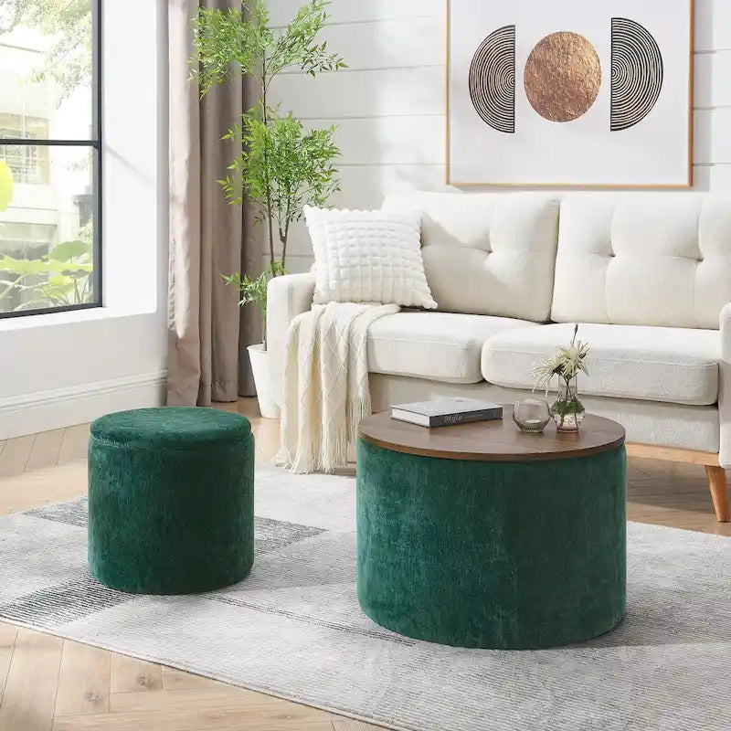 2-Piece Set Round Chenille Storage Ottoman, Equipped with a Drum Shaped Small Stool, Storage Space, and MDF Made Desktop Panel 28
