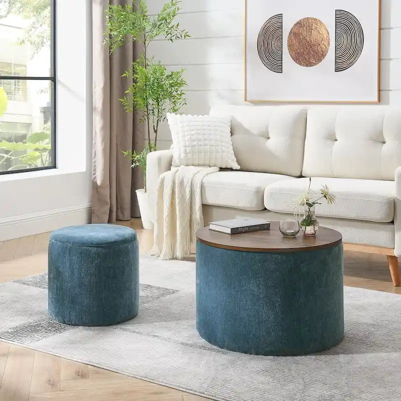 2-Piece Set Round Chenille Storage Ottoman, Equipped with a Drum Shaped Small Stool, Storage Space, and MDF Made Desktop Panel 29