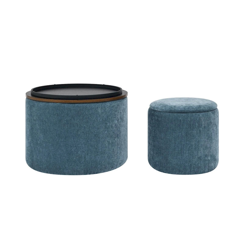 2-Piece Set Round Chenille Storage Ottoman, Equipped with a Drum Shaped Small Stool, Storage Space, and MDF Made Desktop Panel 3