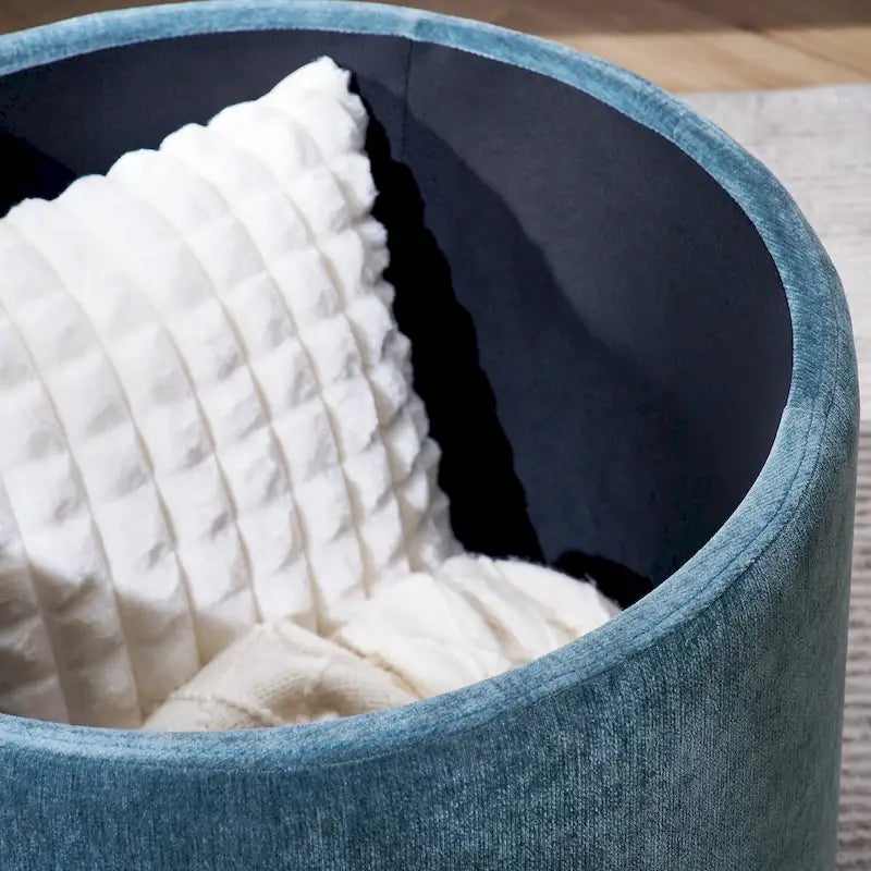2-Piece Set Round Chenille Storage Ottoman, Equipped with a Drum Shaped Small Stool, Storage Space, and MDF Made Desktop Panel 5