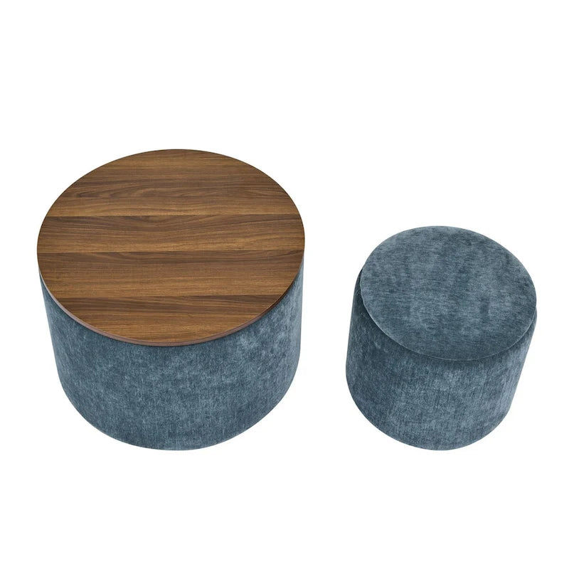 2-Piece Set Round Chenille Storage Ottoman, Equipped with a Drum Shaped Small Stool, Storage Space, and MDF Made Desktop Panel 7