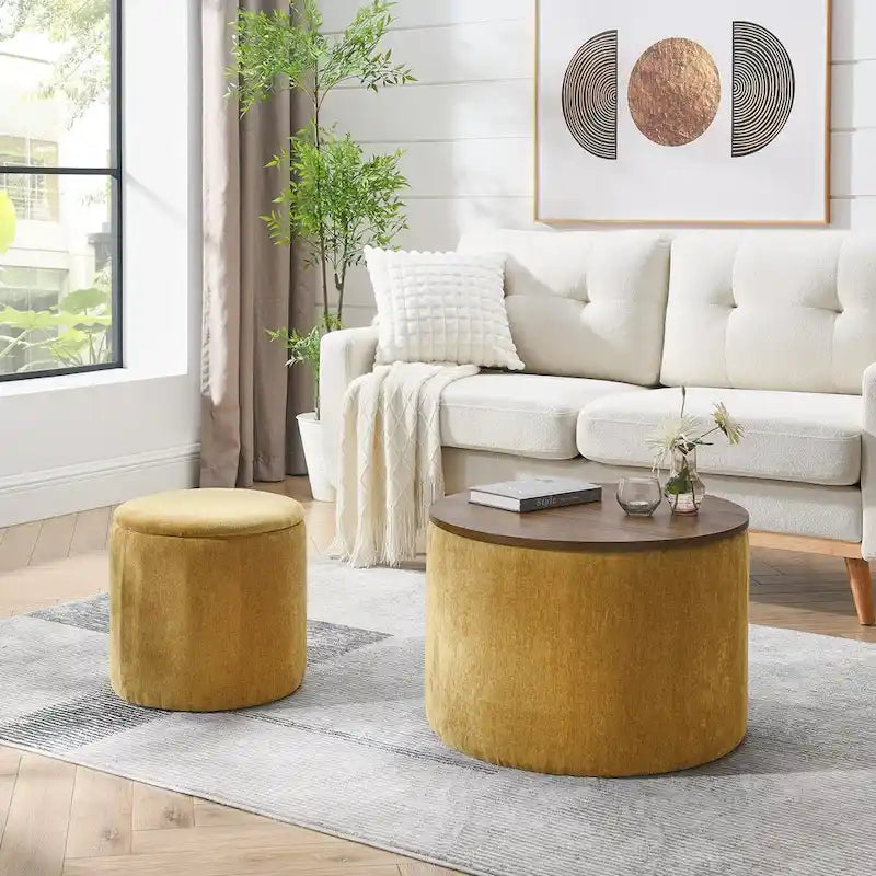 2-Piece Set Round Chenille Storage Ottoman, Equipped with a Drum Shaped Small Stool, Storage Space, and MDF Made Desktop Panel 8