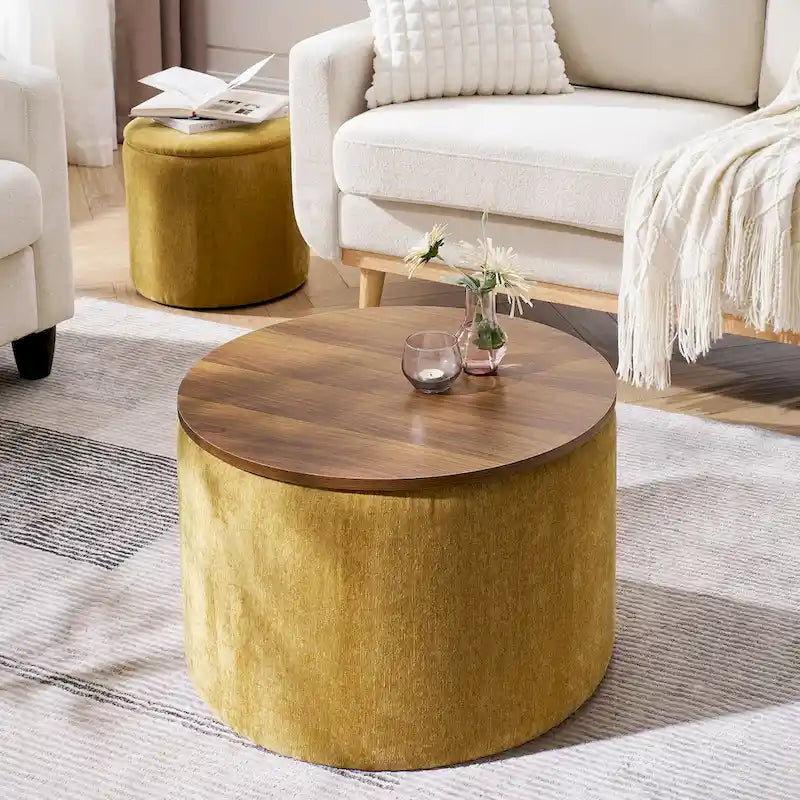 2-Piece Set Round Chenille Storage Ottoman, Equipped with a Drum Shaped Small Stool, Storage Space, and MDF Made Desktop Panel 9