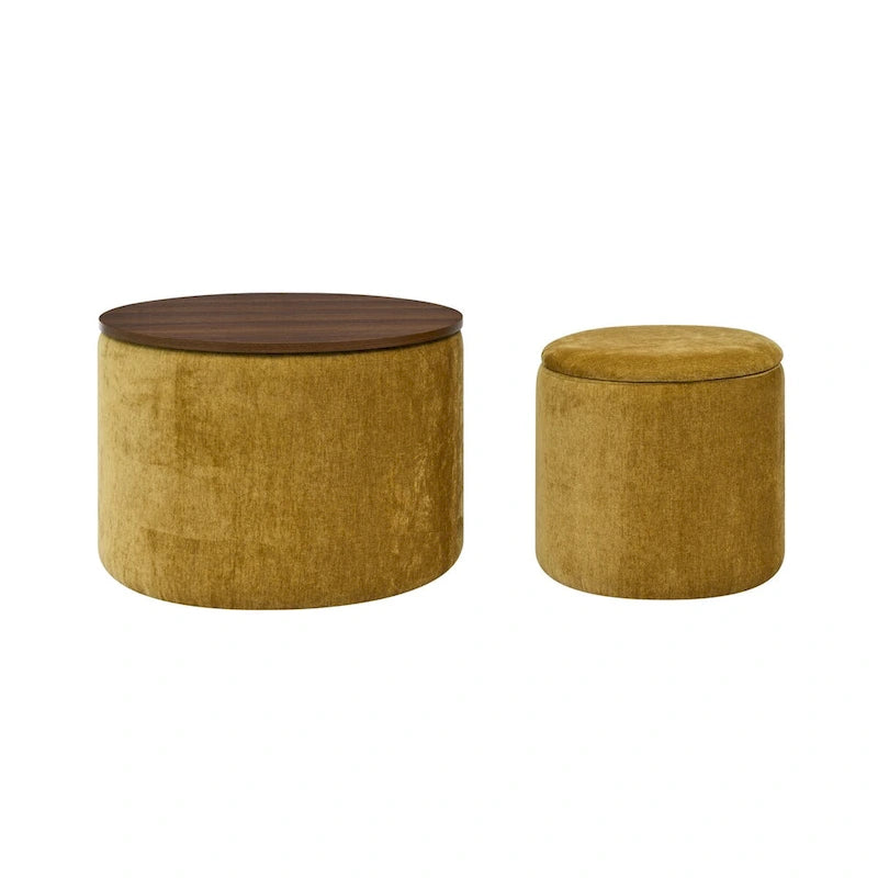 2-Piece Set Round Chenille Storage Ottoman, Equipped with a Drum Shaped Small Stool, Storage Space, and MDF Made Desktop Panel 10