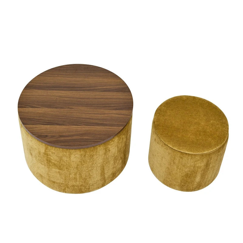 2-Piece Set Round Chenille Storage Ottoman, Equipped with a Drum Shaped Small Stool, Storage Space, and MDF Made Desktop Panel 13
