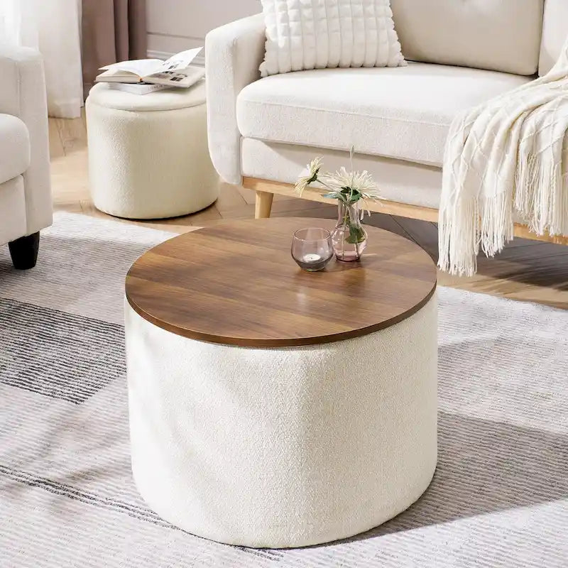 2-Piece Set Round Chenille Storage Ottoman, Equipped with a Drum Shaped Small Stool, Storage Space, and MDF Made Desktop Panel 15