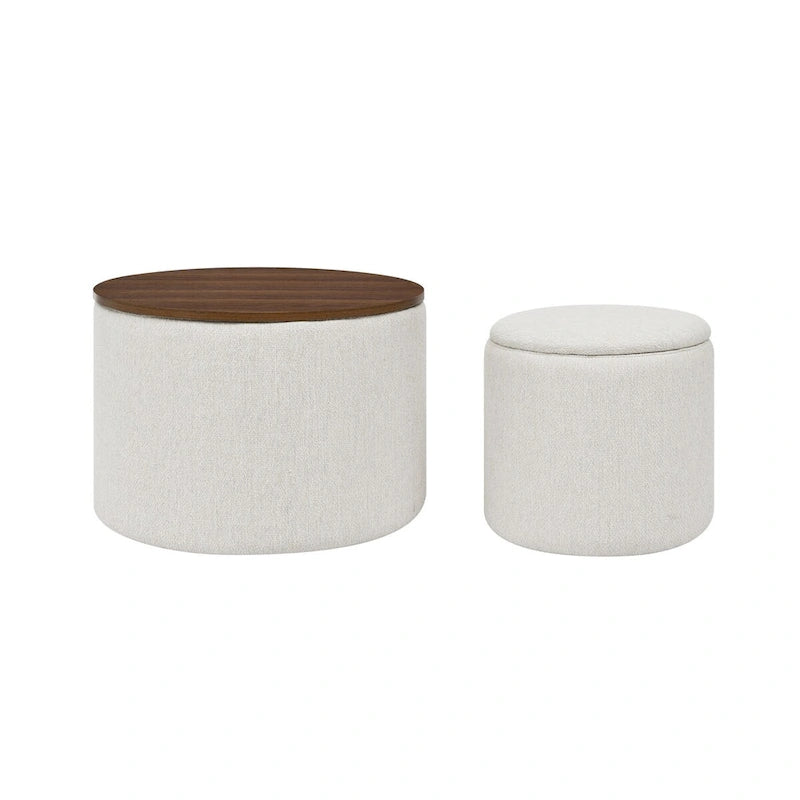 2-Piece Set Round Chenille Storage Ottoman, Equipped with a Drum Shaped Small Stool, Storage Space, and MDF Made Desktop Panel 16