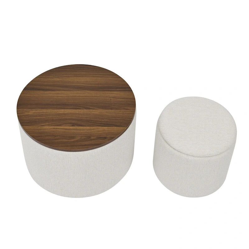 2-Piece Set Round Chenille Storage Ottoman, Equipped with a Drum Shaped Small Stool, Storage Space, and MDF Made Desktop Panel 17