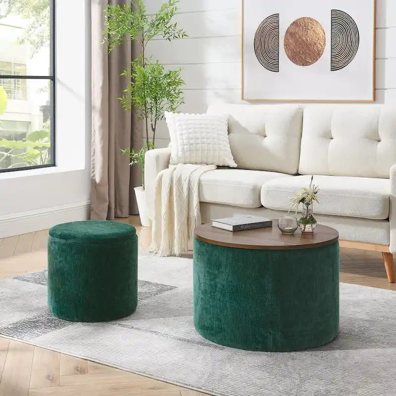 2-Piece Set Round Chenille Storage Ottoman, Equipped with a Drum Shaped Small Stool, Storage Space, and MDF Made Desktop Panel 20