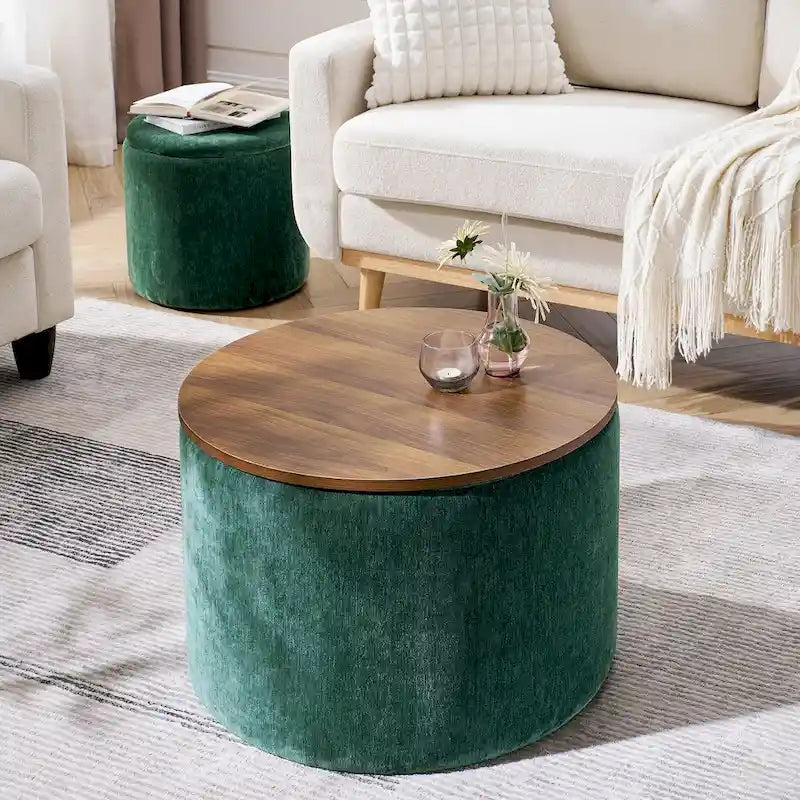2-Piece Set Round Chenille Storage Ottoman, Equipped with a Drum Shaped Small Stool, Storage Space, and MDF Made Desktop Panel 21