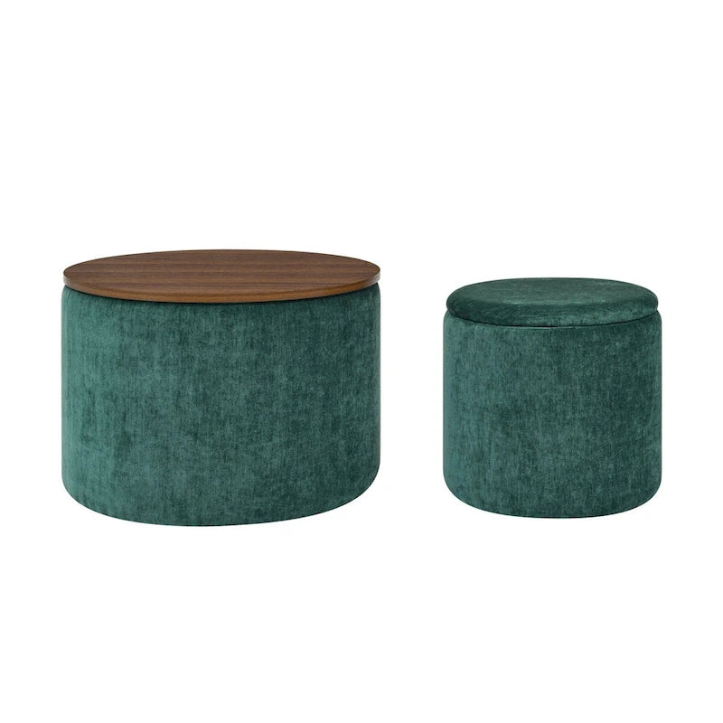 2-Piece Set Round Chenille Storage Ottoman, Equipped with a Drum Shaped Small Stool, Storage Space, and MDF Made Desktop Panel 22