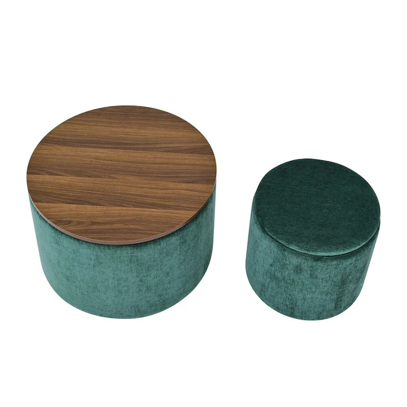 2-Piece Set Round Chenille Storage Ottoman, Equipped with a Drum Shaped Small Stool, Storage Space, and MDF Made Desktop Panel 24